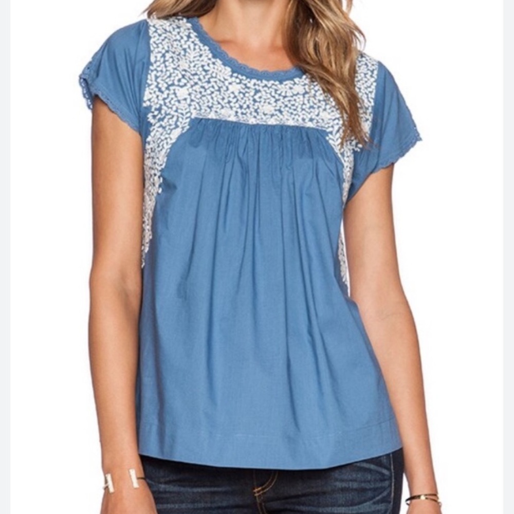 Ulla Johnson Dahlia Cap-Sleeve Embroidered Yoke Top in Blue & White - 4